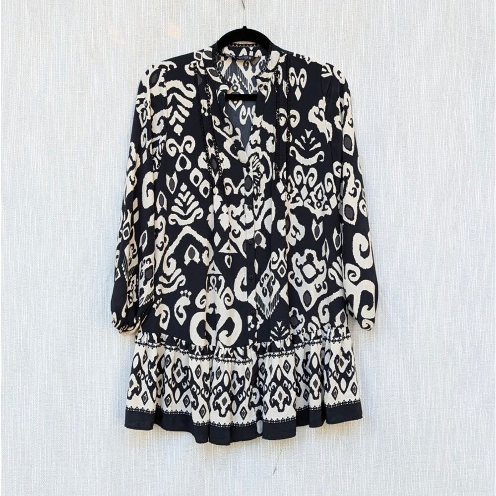 Zara Dress Womens S Black/White Printed Long Sleeve V-neck Relaxed Shirt Mini - Picture 2 of 9